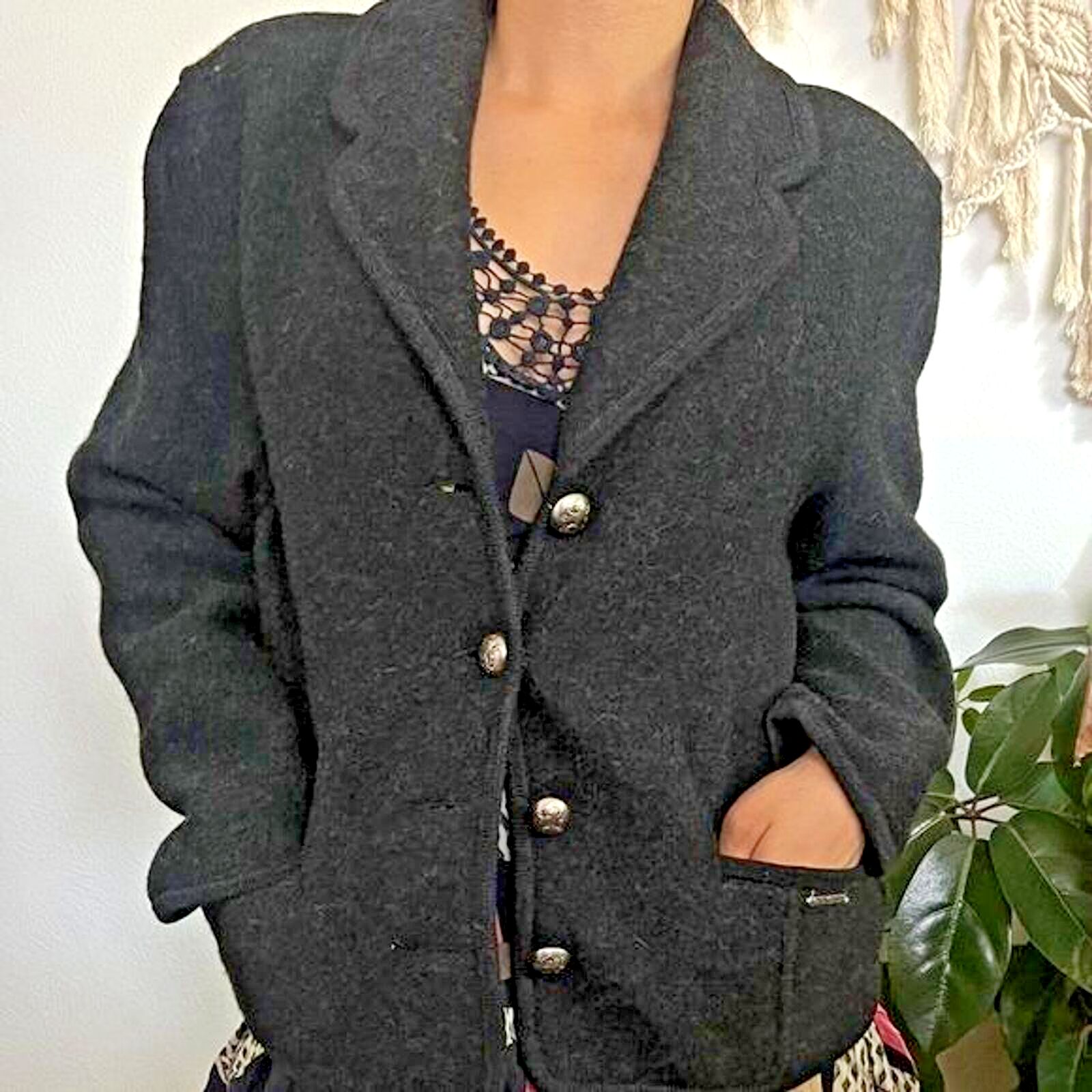 Vtg Wool Geiger Austria Sweater Cardigan Dark Grey Gray Jacket 38 Silver Buttons